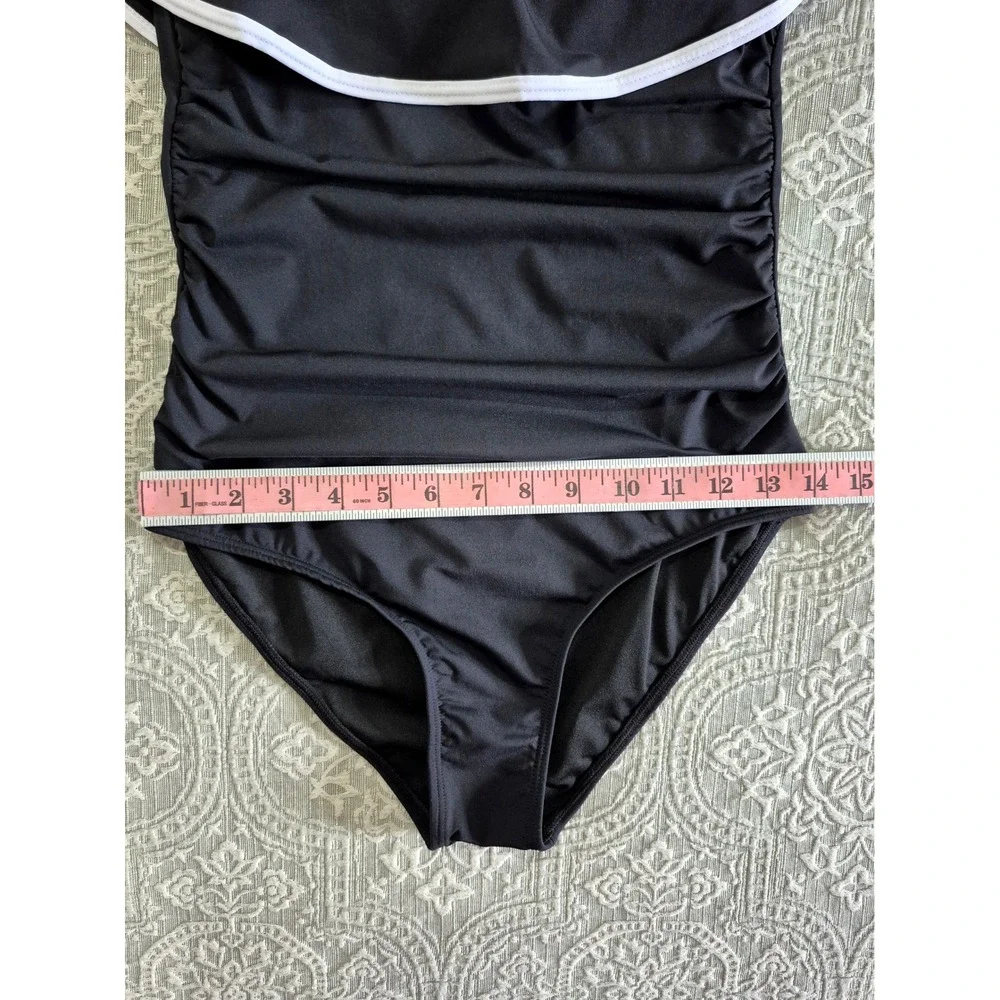 Holipick‎ Black Ruched Ruffle Off-the-Shoulder Halter One-Piece Swimsuit Womens